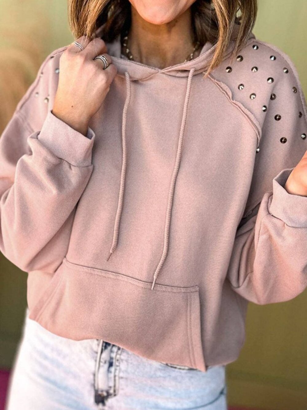 NWT Solid Studded Raglan Sleeve Hoodie Pale Pink Size X-Large
